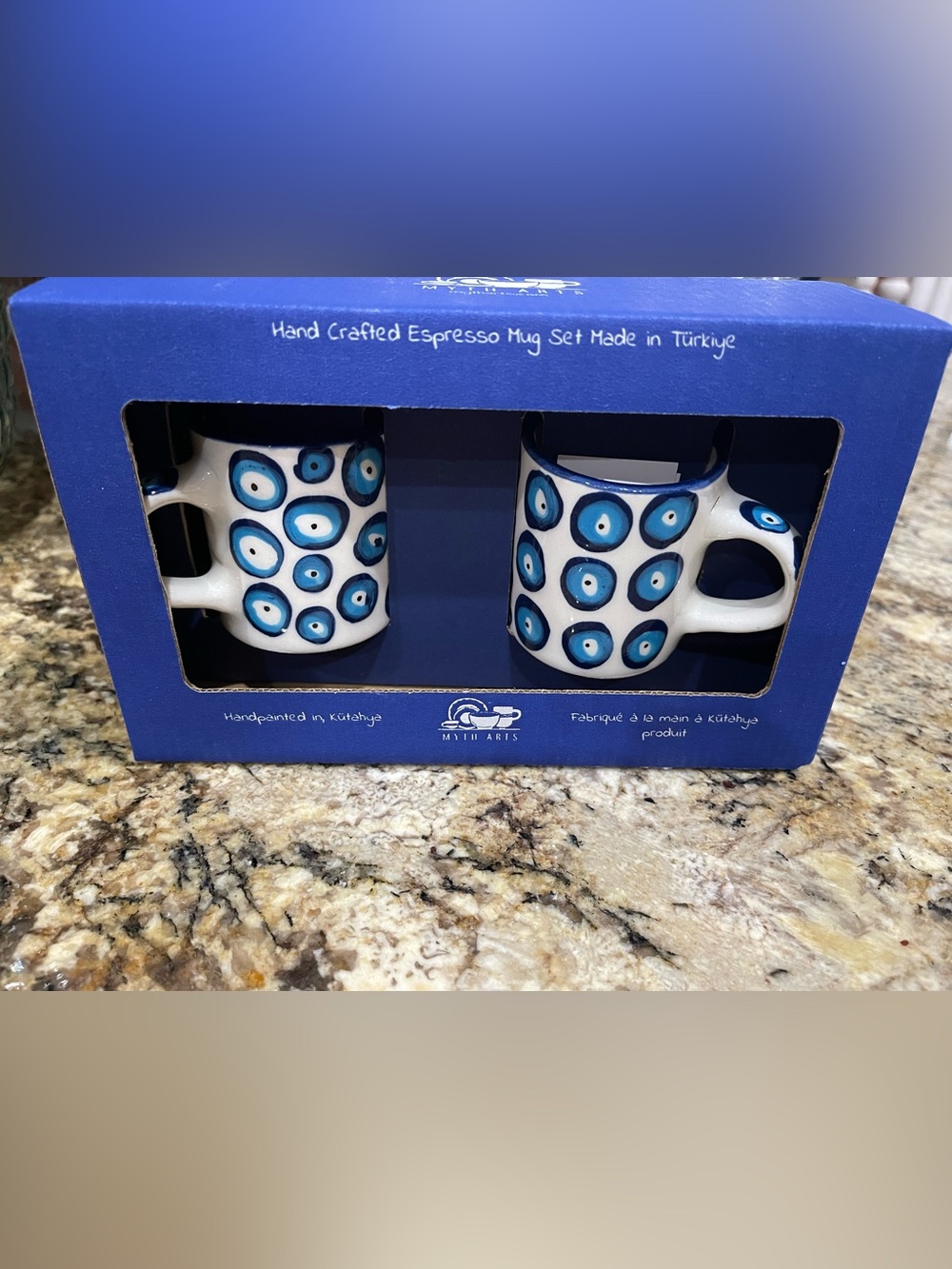 Myth Arts Hand Crafted in Turkey hand painted espresso mug set - blue oyster NEW